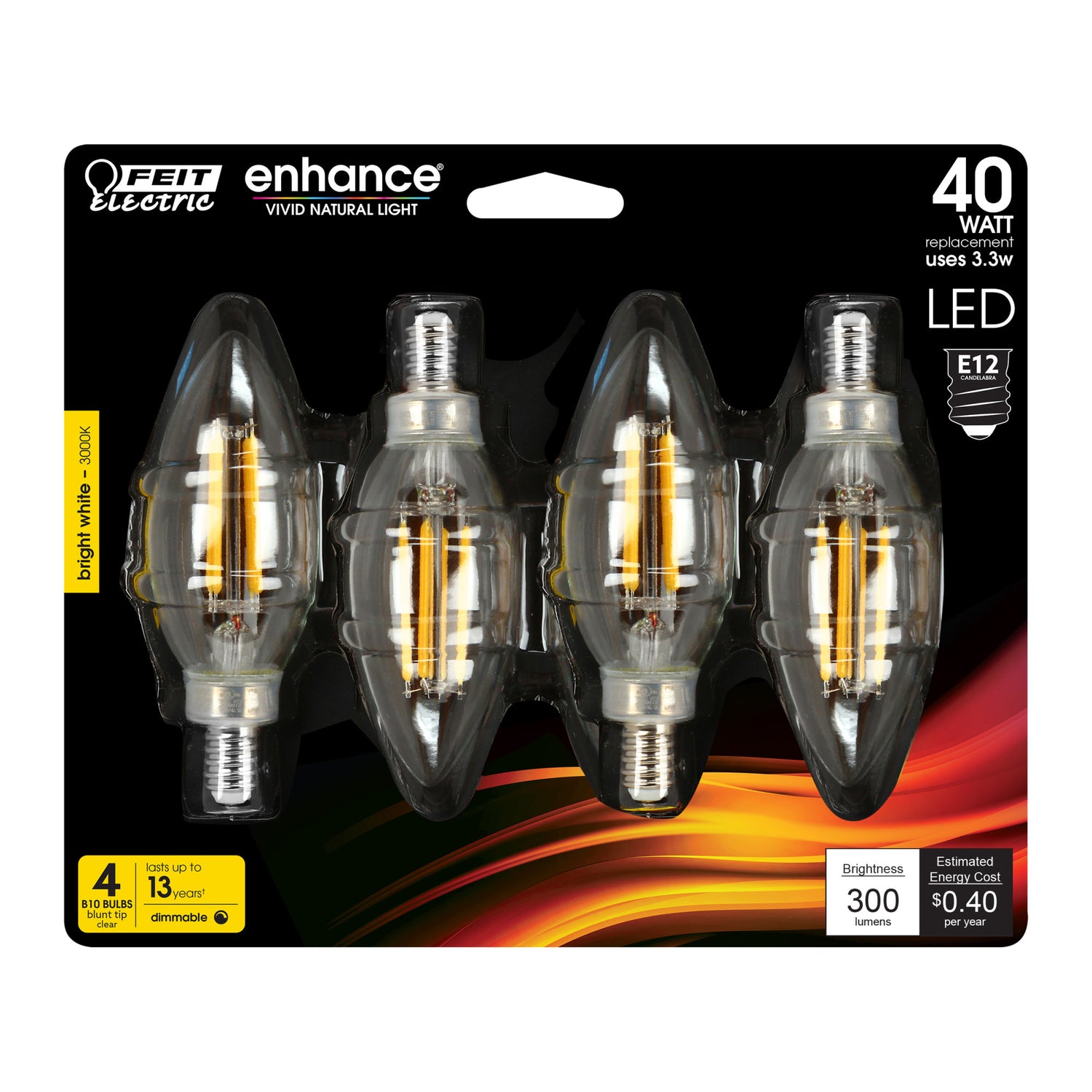 3.3W (40W Replacement) Bright White (3000K) E12 Base B10 Blunt Tip Filament LED Light Bulb (4-Pack)