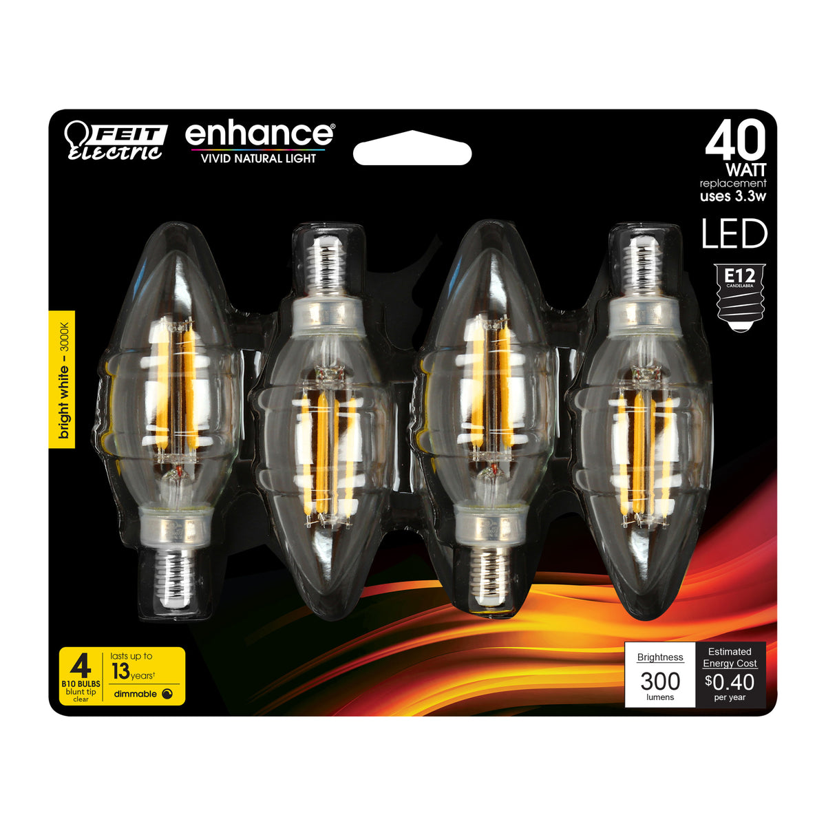 3.3W (40W Replacement) Bright White (3000K) E12 Base B10 Blunt Tip Filament LED Light Bulb (4-Pack)