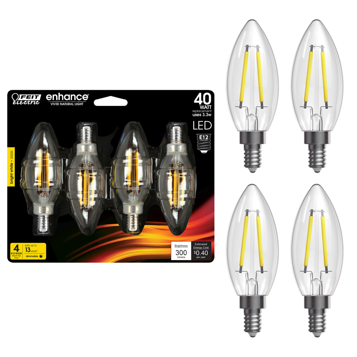 3.3W (40W Replacement) Bright White (3000K) E12 Base B10 Blunt Tip Filament LED Light Bulb (4-Pack)