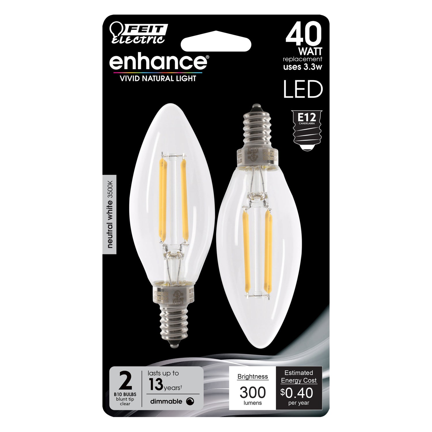 3.3W (40W Replacement) True White (3500K) E12 Base B10 Blunt Tip Dimmable Filament LED (2-Pack)