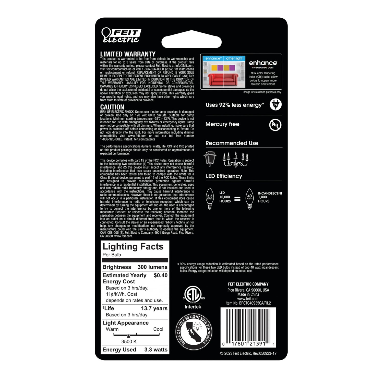 3.3W (40W Replacement) True White (3500K) E12 Base B10 Blunt Tip Dimmable Filament LED (2-Pack)