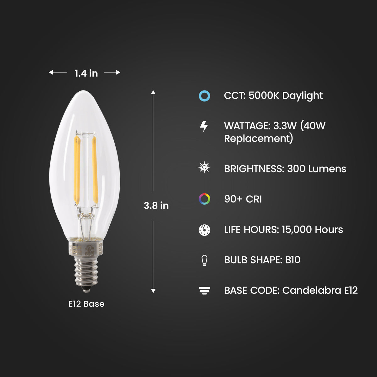 40W Replacement Clear B10 Dimmable Daylight Decorative LED Filament Enhance (2-Pack)