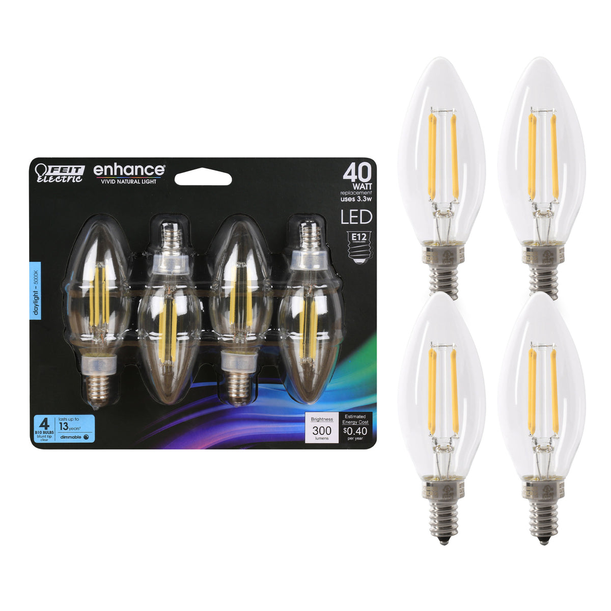 3.3W (40W Replacement) Daylight (5000K) Blunt Tip Filament LED Bulb (4-Pack)