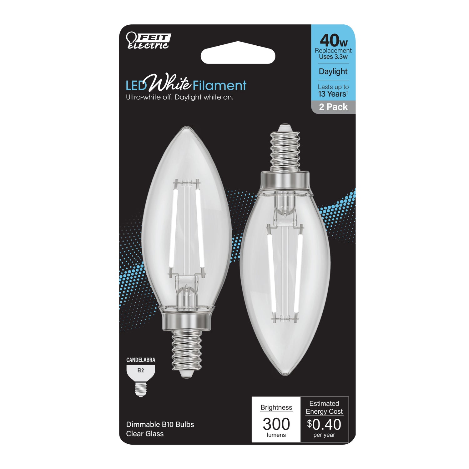 3.3W (40W Equivalent) Daylight White (5000K) B10 (E12 Base) Torpedo Tip Exposed White Filament LED Bulb (2-Pack)