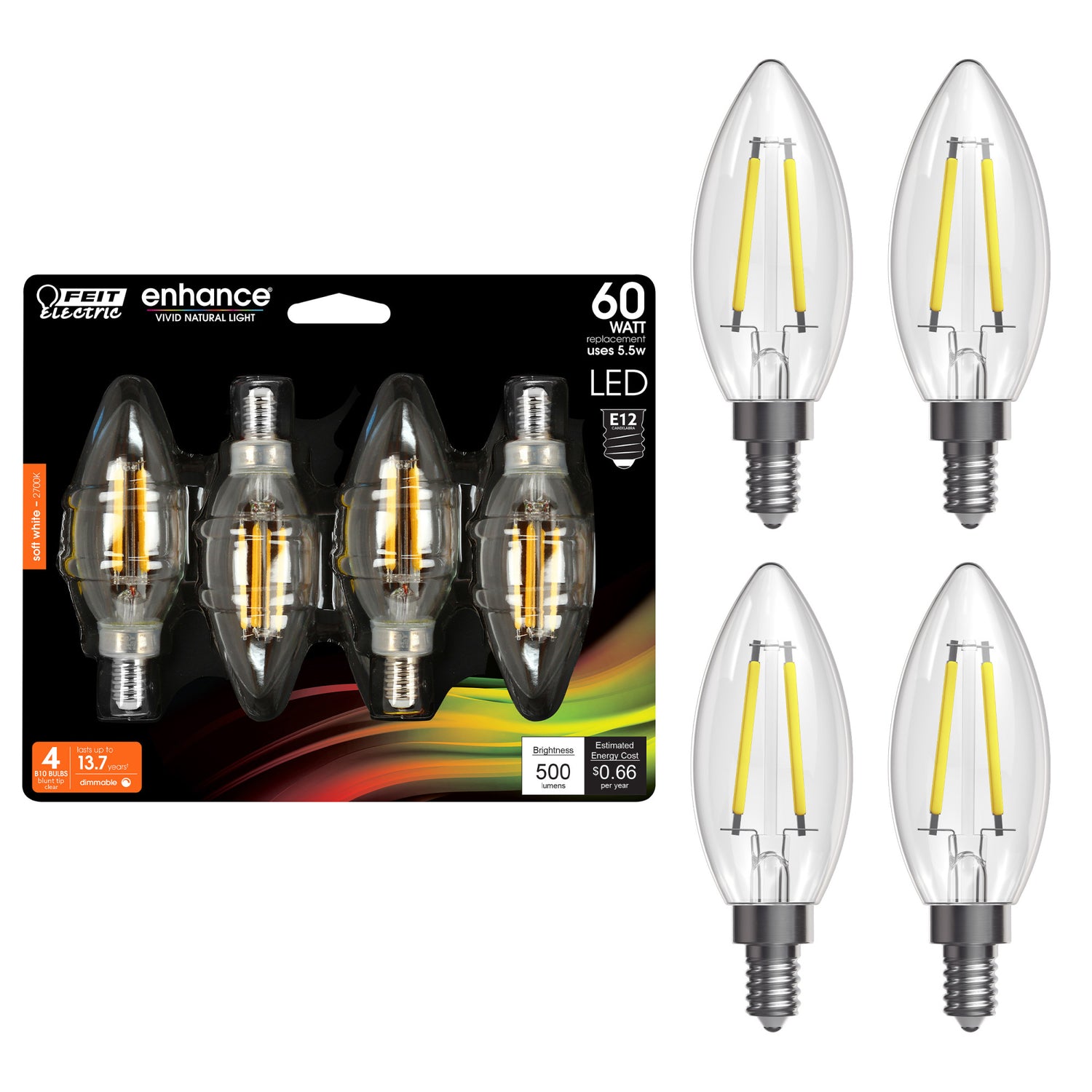 5.5W (60W Replacement) Soft White (2700K) E12 Base B10 Clear Blunt Tip Filament LED Bulb (4-Pack)