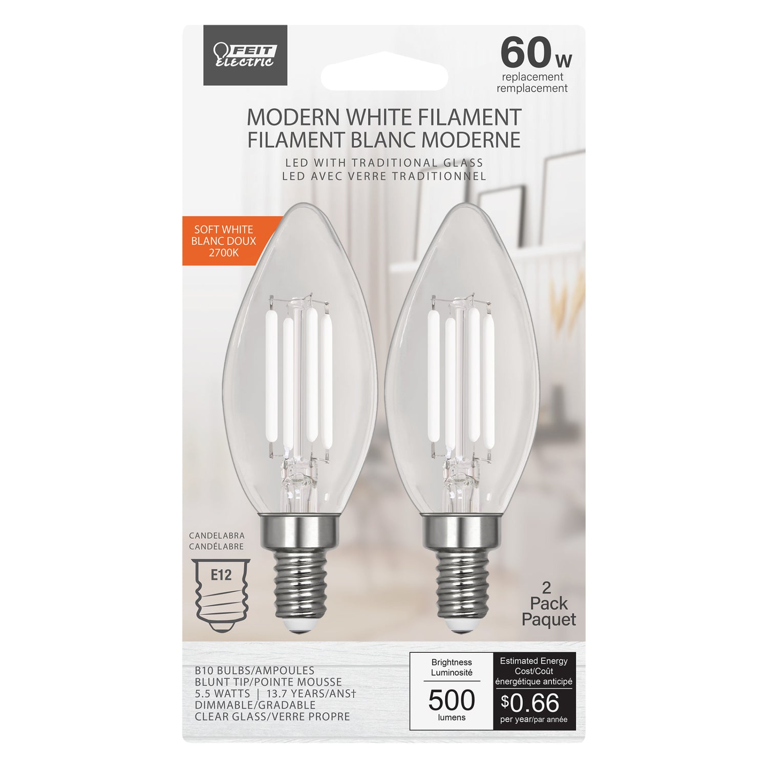 5.5W (60W Replacement) Soft White (2700K) B10 Shape (E12 Base) Torpedo Tip White Filament Light Bulb (2-Pack)