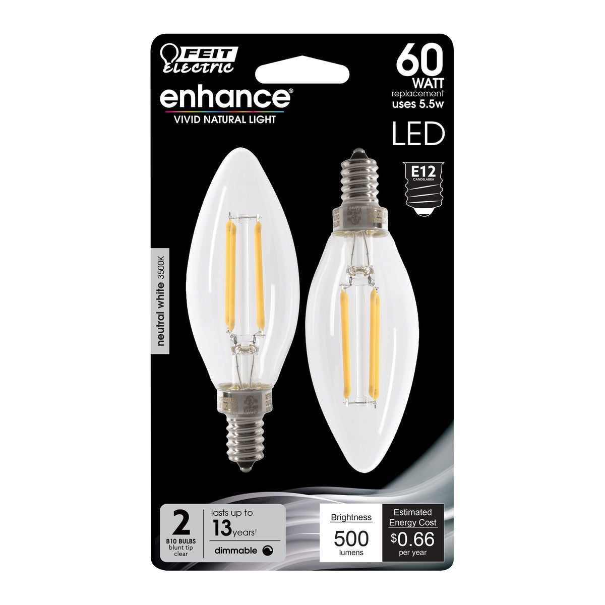 5.5W (60W Replacement) Neutral White (3500K) E12 Base B10 Dimmable Glass Filament LED (2-Pack)