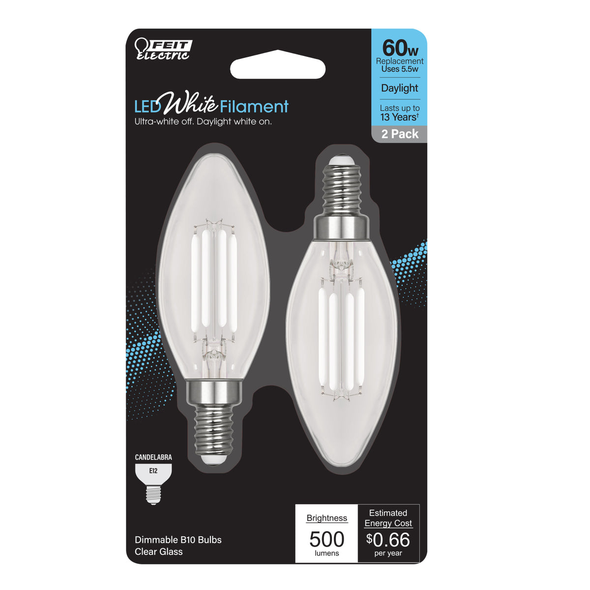 5.5W (60W Replacement) Daylight (5000K) Chandelier B10 (E12 Base) Torpedo Tip White Filament Light Bulb (2-Pack)