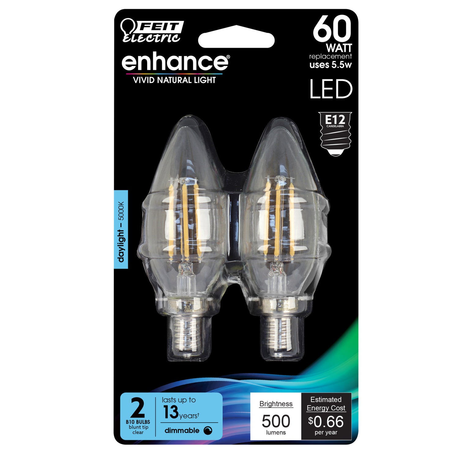 5.5W (60W Replacement) Daylight (5000K) E12 Base B10 Blunt Tip Enhance Filament LED (2-Pack)