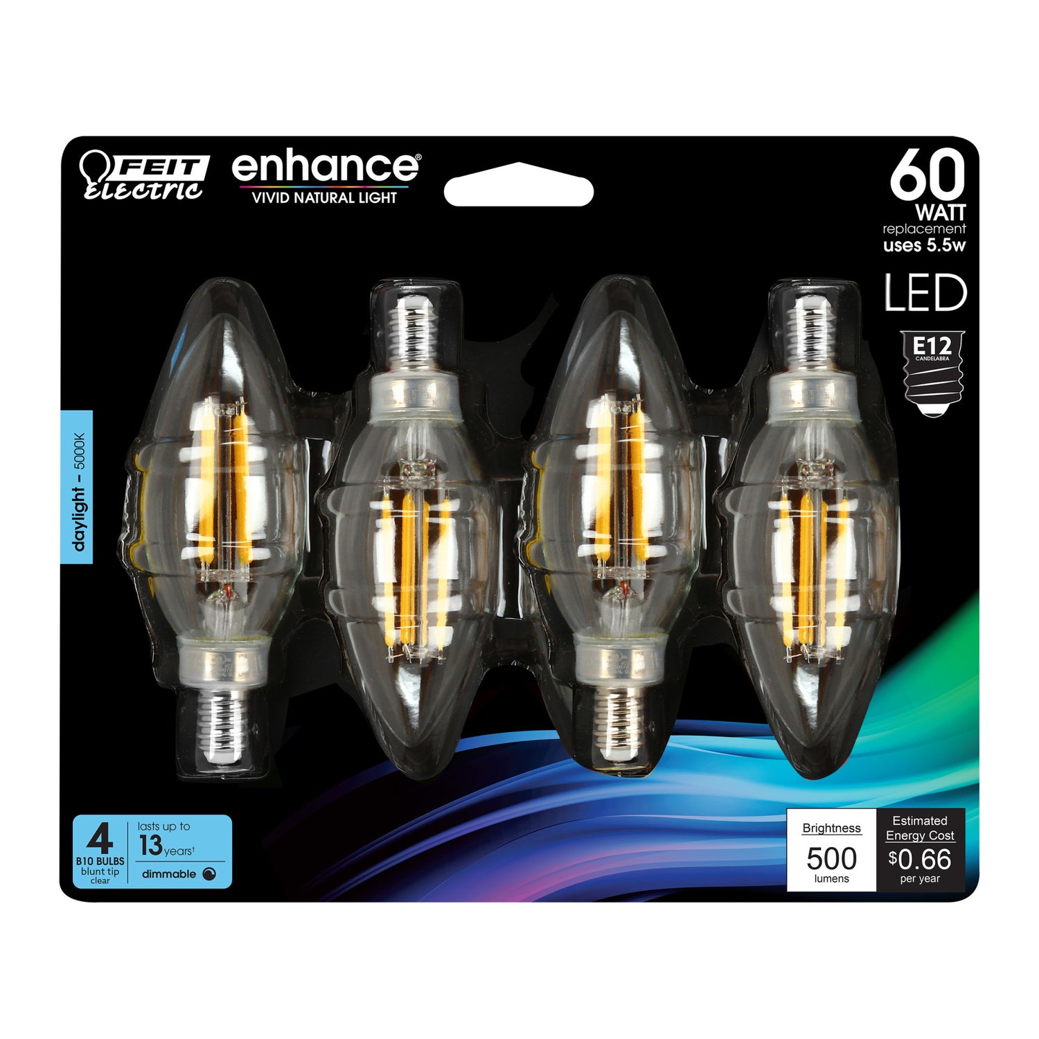 5.5W (60W Replacement) E12 Base B10 Blunt Tip Daylight Filament LED (4-Pack)