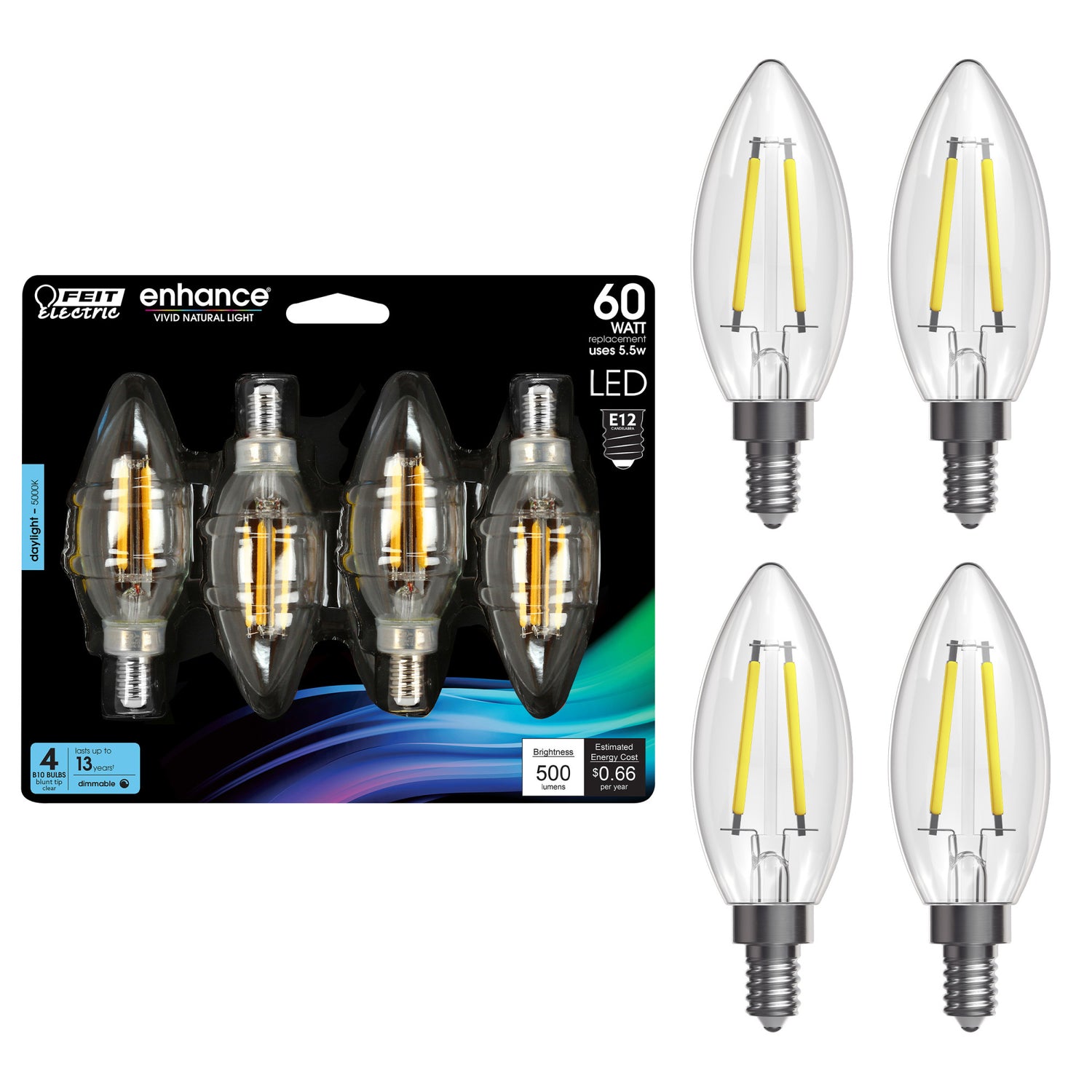 5.5W (60W Replacement) E12 Base B10 Blunt Tip Daylight Filament LED (4-Pack)