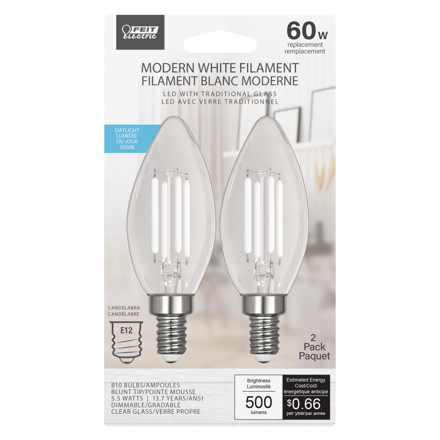 5.5W (60W Replacement) Daylight (5000K) Chandelier B10 (E12 Base) Torpedo Tip White Filament Light Bulb (2-Pack)