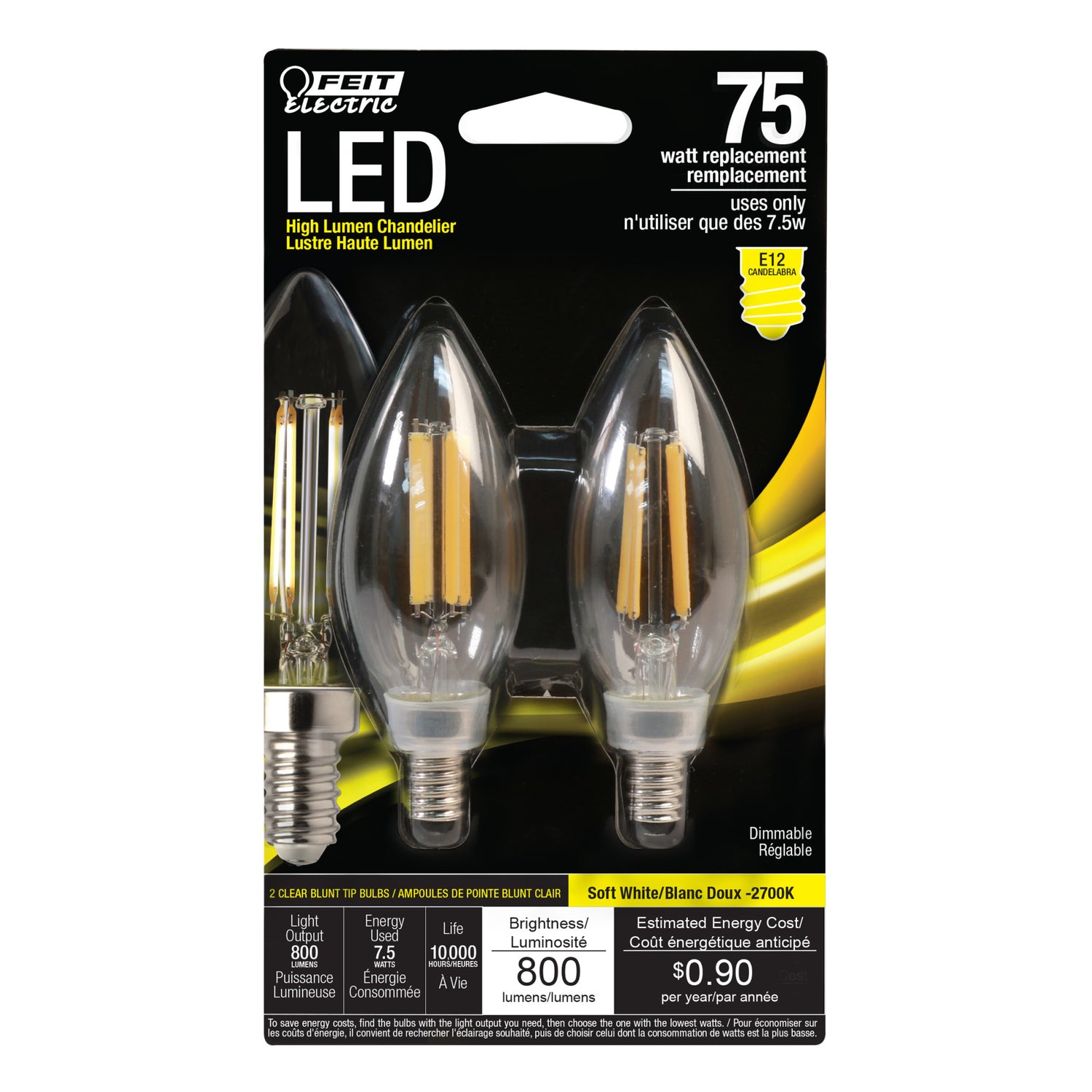 75W Replacement Clear B10 Dimmable Soft White Decorative LED (2-Pack)