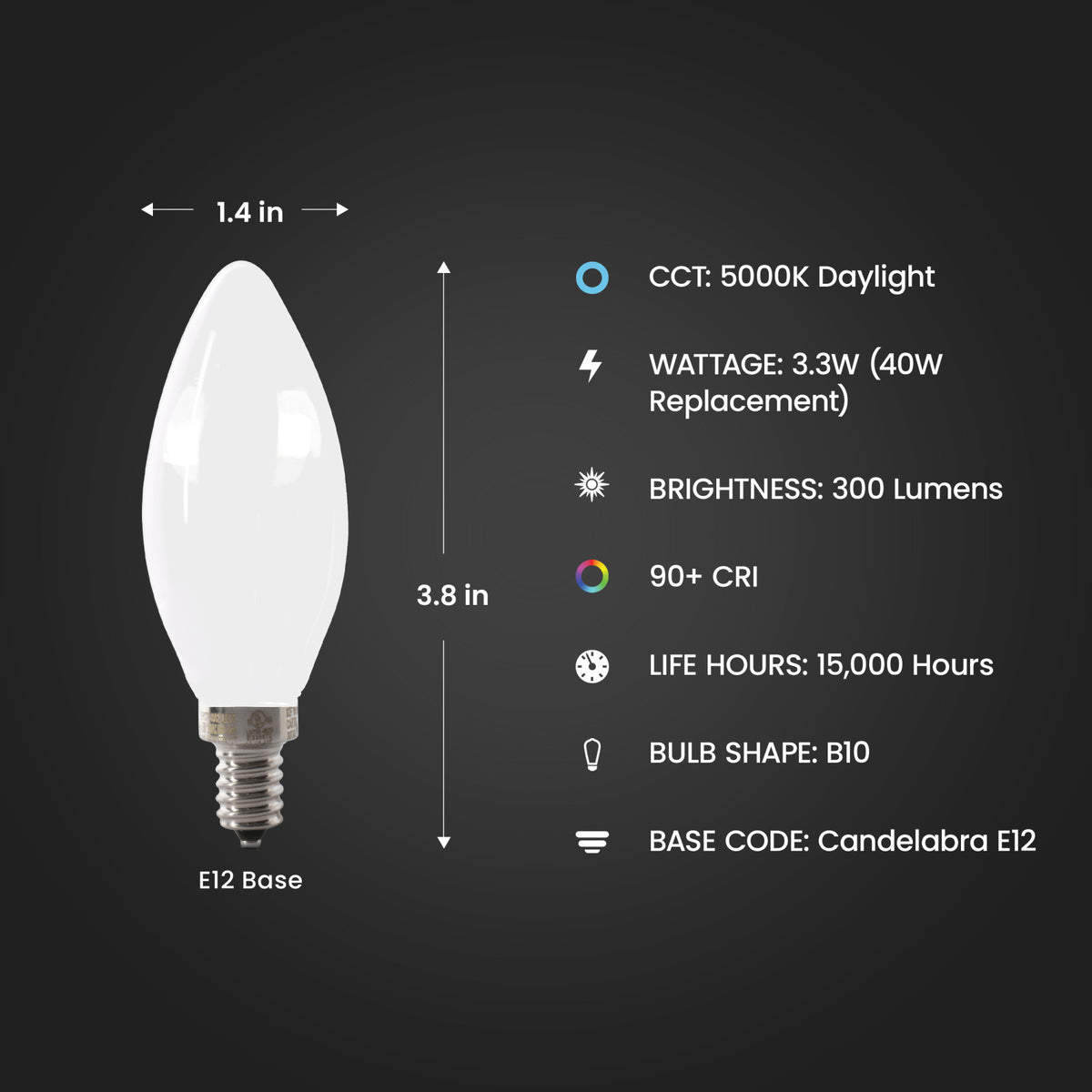 3.3W (40W Replacement) Daylight (5000K) E12 Base B10 Dimmable Decorative Frosted LED Filament Enhance Light Bulb (2-Pack)