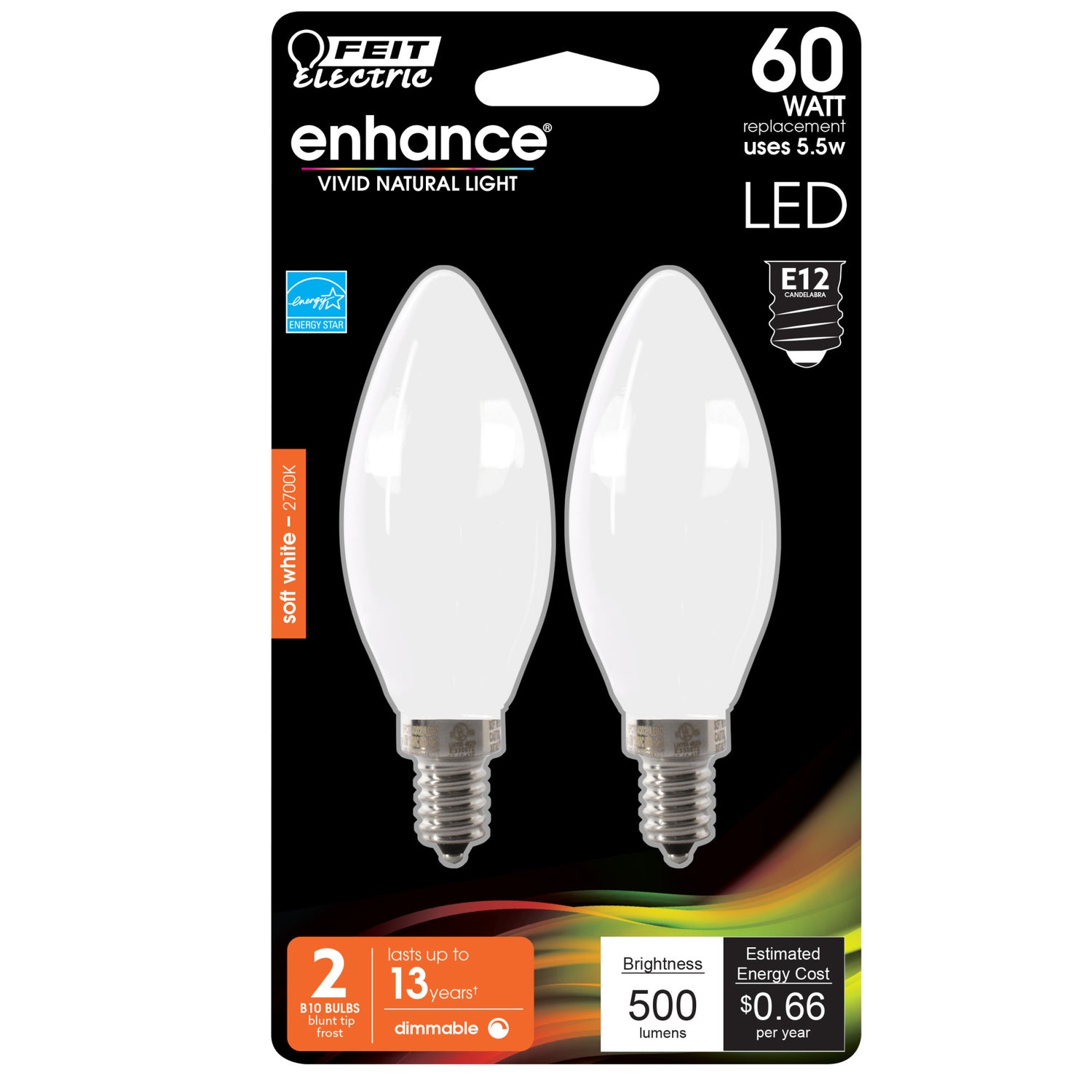 60W Replacement Frost B10 Dimmable Soft White Decorative LED Filament Enhance (2-Pack)
