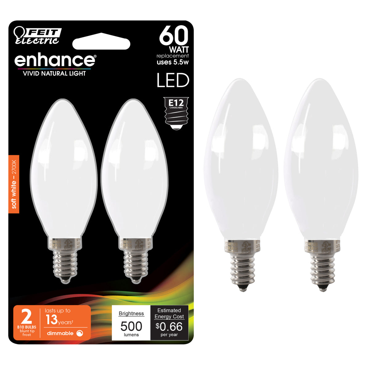 60W Replacement Frost B10 Dimmable Soft White Decorative LED Filament Enhance (2-Pack)