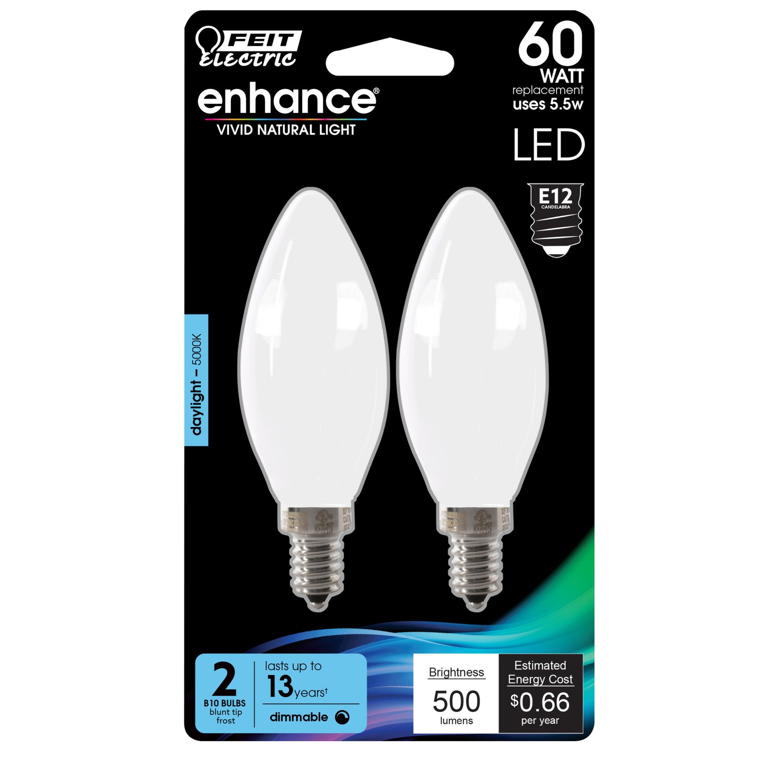 5.5W (60W Replacement) Daylight (5000K) E12 Base B10 Dimmable Frost Decorative LED Filament Enhance (2-Pack)