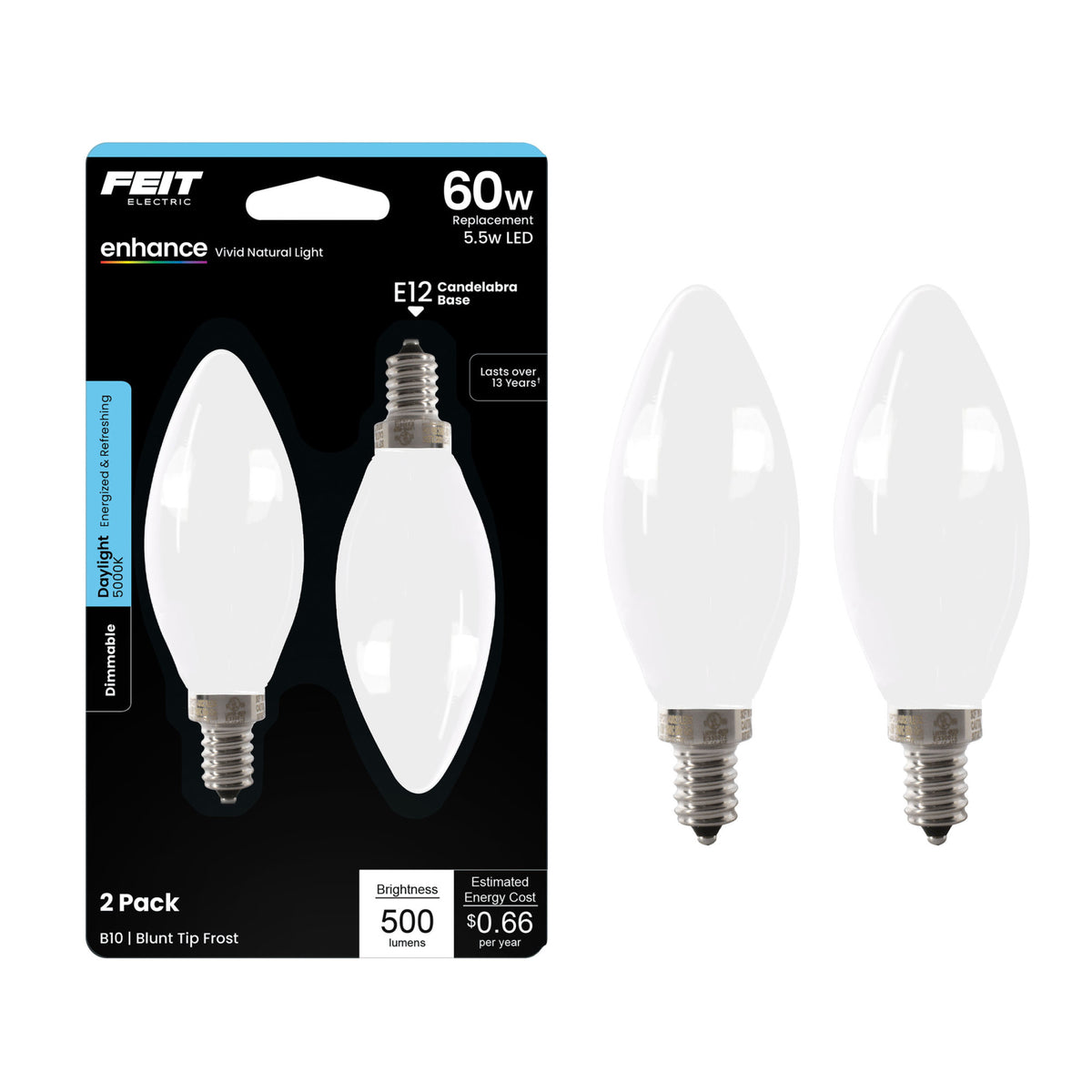 5.5W (60W Replacement) Daylight (5000K) E12 Base B10 Dimmable Frost Decorative LED Filament Enhance (2-Pack)