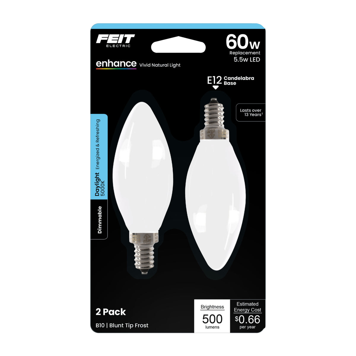 5.5W (60W Replacement) Daylight (5000K) E12 Base B10 Dimmable Frost Decorative LED Filament Enhance (2-Pack)