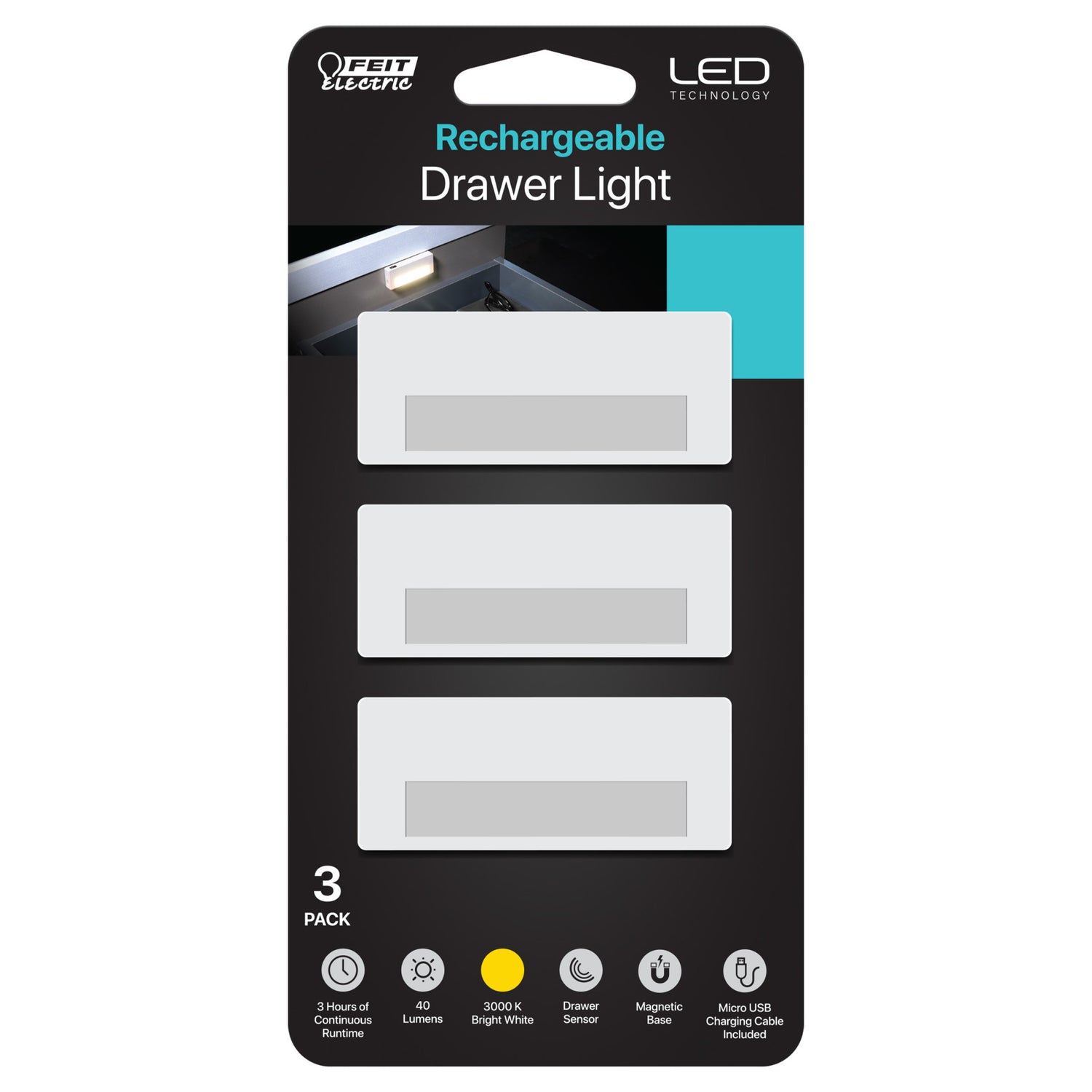 LED Rechargeable Mini Drawer Light (3-Pack)