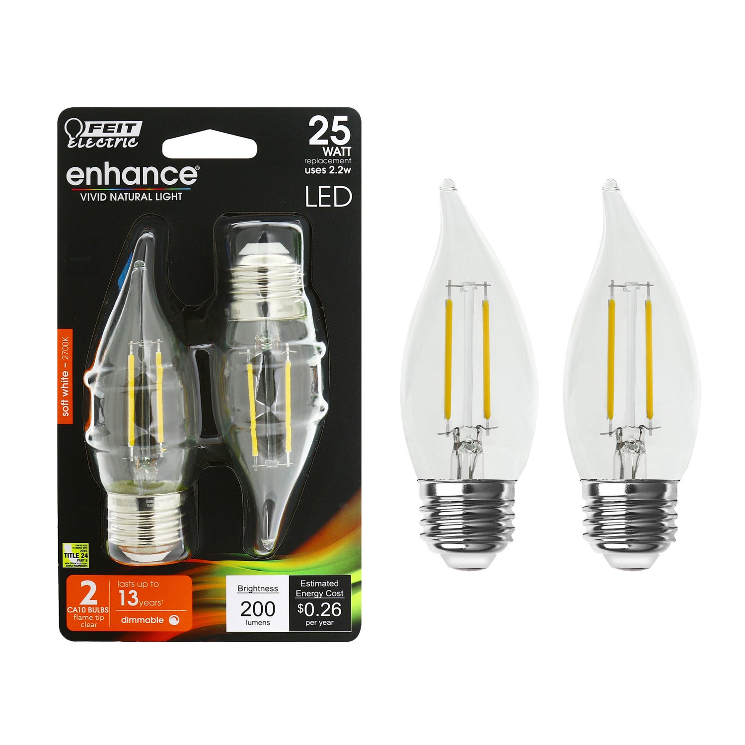 2.2W (25W Replacement) Soft White (2700K) E26 Base CA10 Dimmable Decorative Enhance LED Filament Bulb (2-Pack)