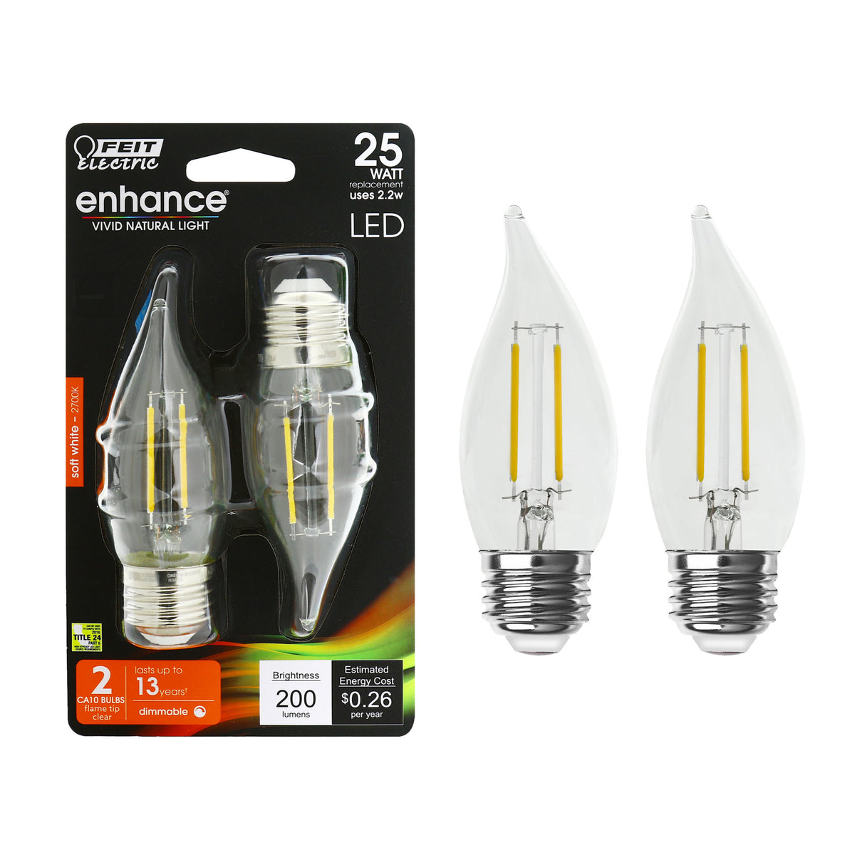 2.2W (25W Replacement) Soft White (2700K) E26 Base CA10 Dimmable Decorative Enhance LED Filament Bulb (2-Pack)