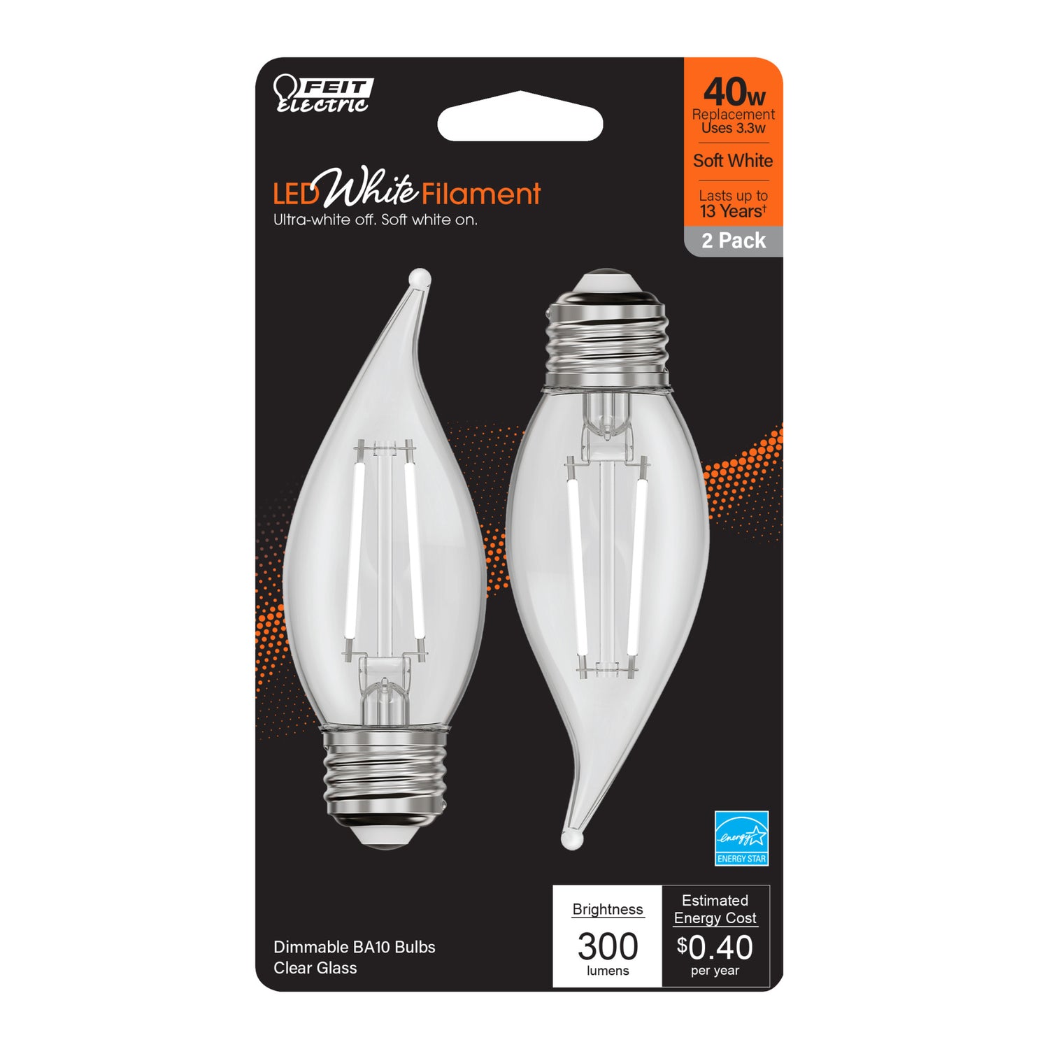 3.3 W (40W Equivalent) Soft White (2700K) Flame Tip BA10 (E26 Base) Exposed White Filament LED Bulb (2-Pack)