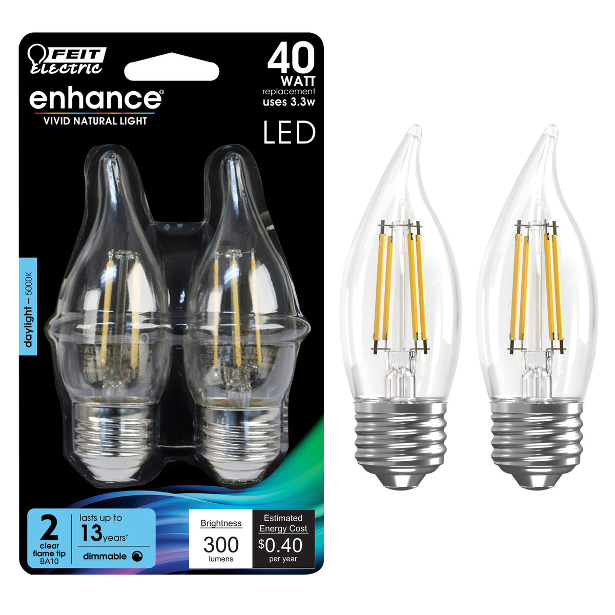 40W Replacement BA10 E26 Base Dimmable Daylight LED Filament Enhance (2-Pack)
