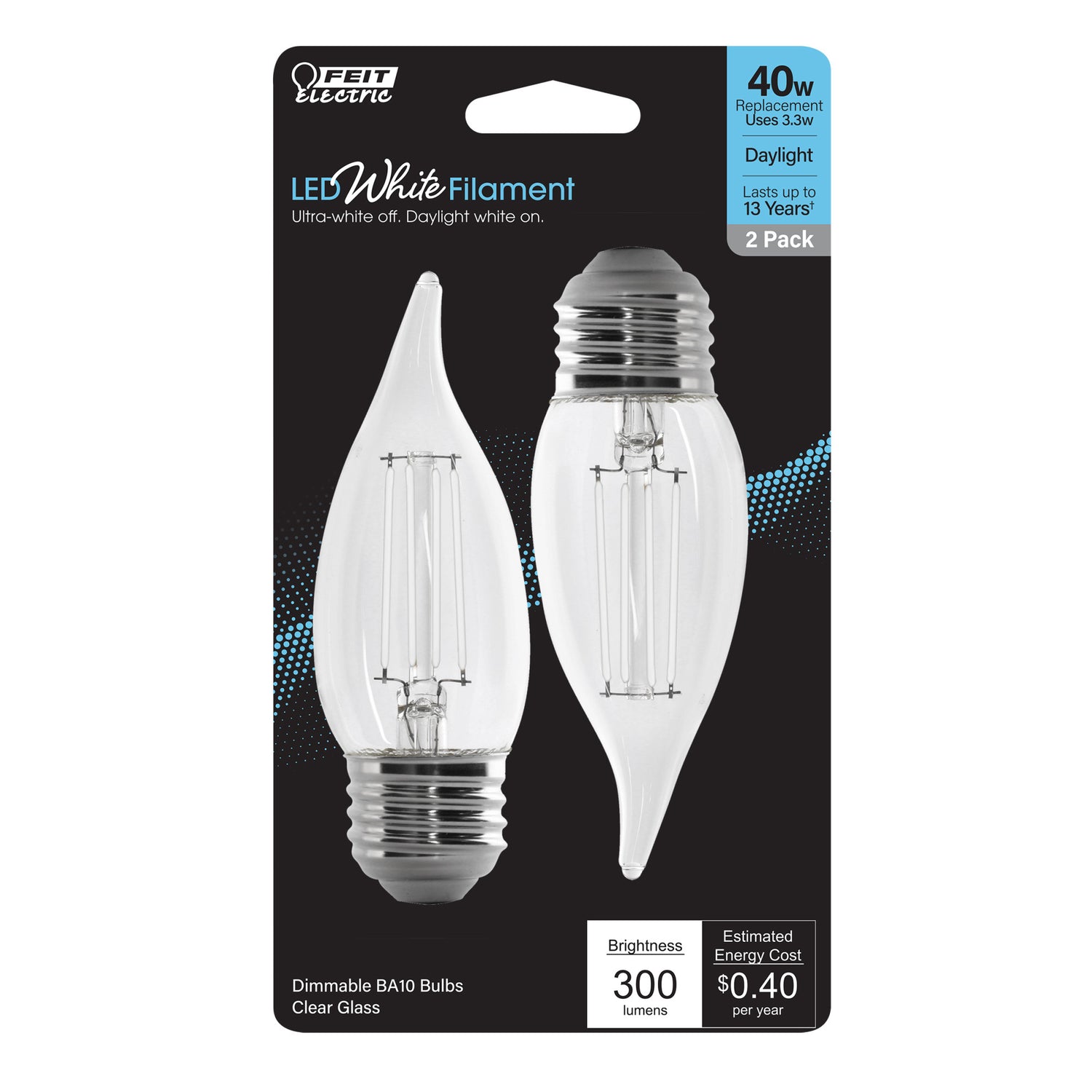 3.3W (40W Equivalent) Daylight (5000K) BA10 (E26 Base) Flame Tip Exposed White Filament LED Bulb (2-Pack)