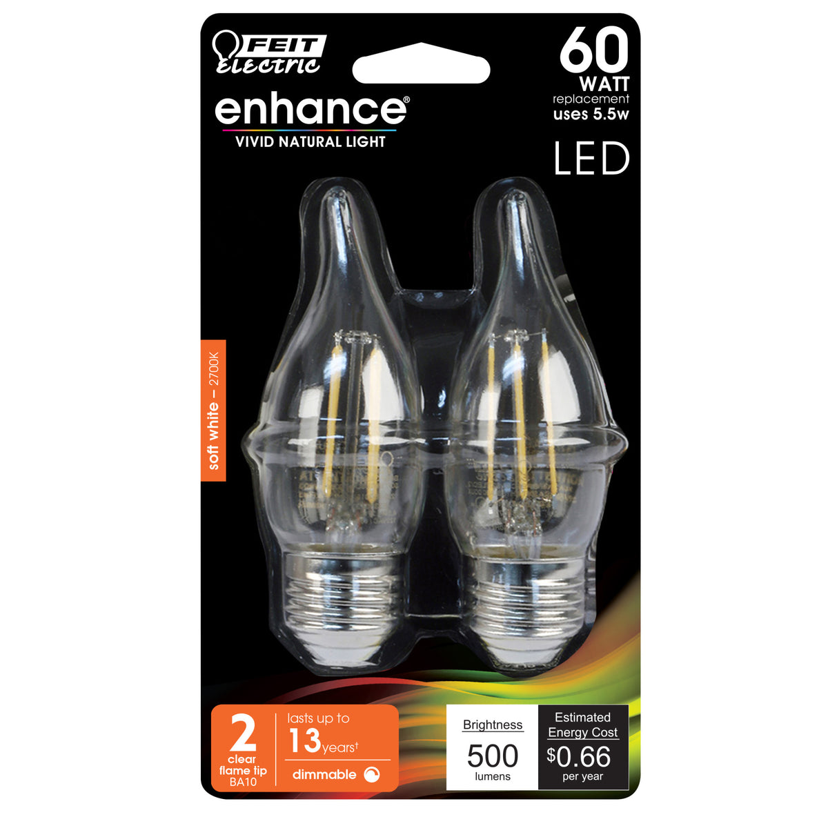 5.5W (60W Replacement) Soft White (2700K) BA10 E26 Base Flame Tip Filament LED