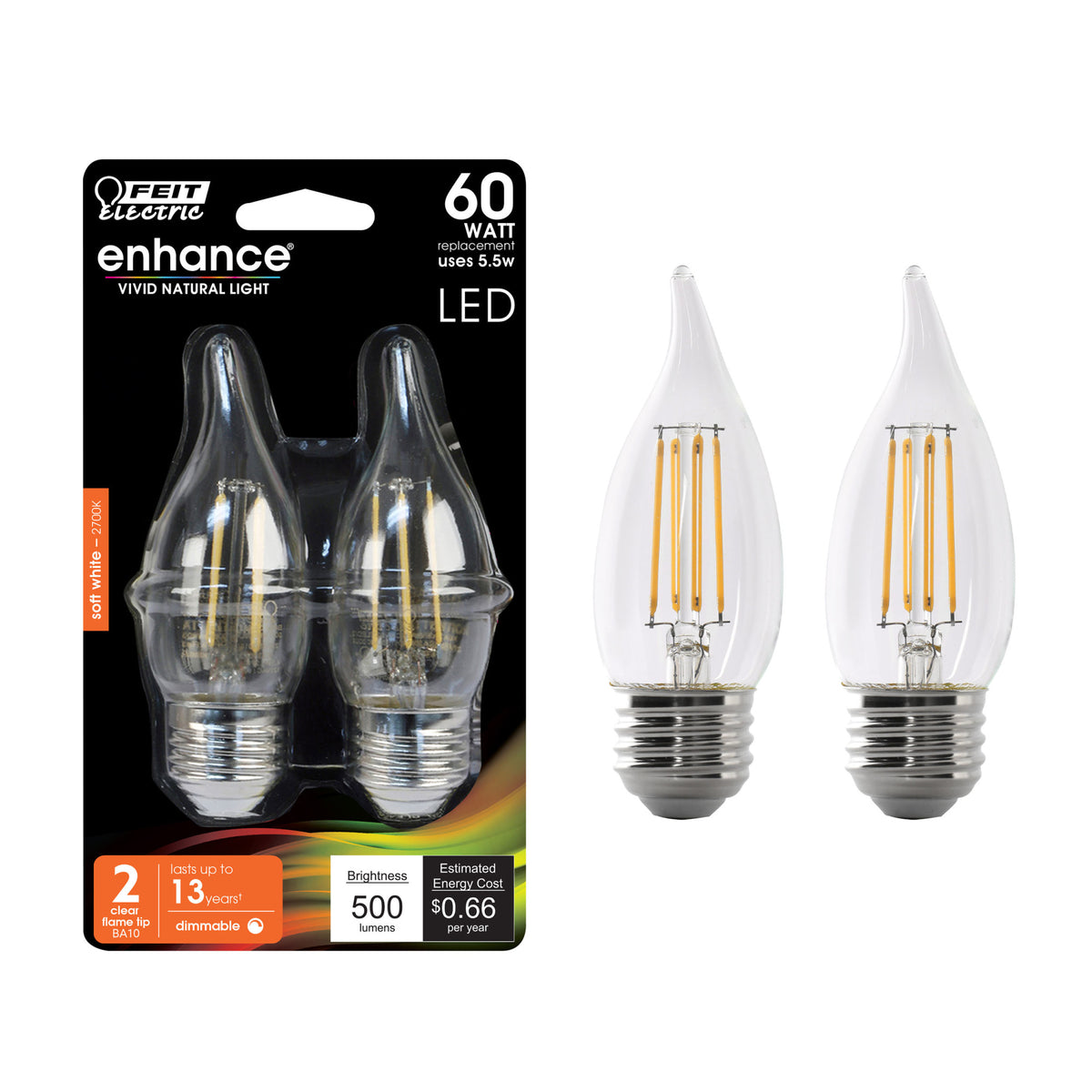 5.5W (60W Replacement) Soft White (2700K) BA10 E26 Base Flame Tip Filament LED