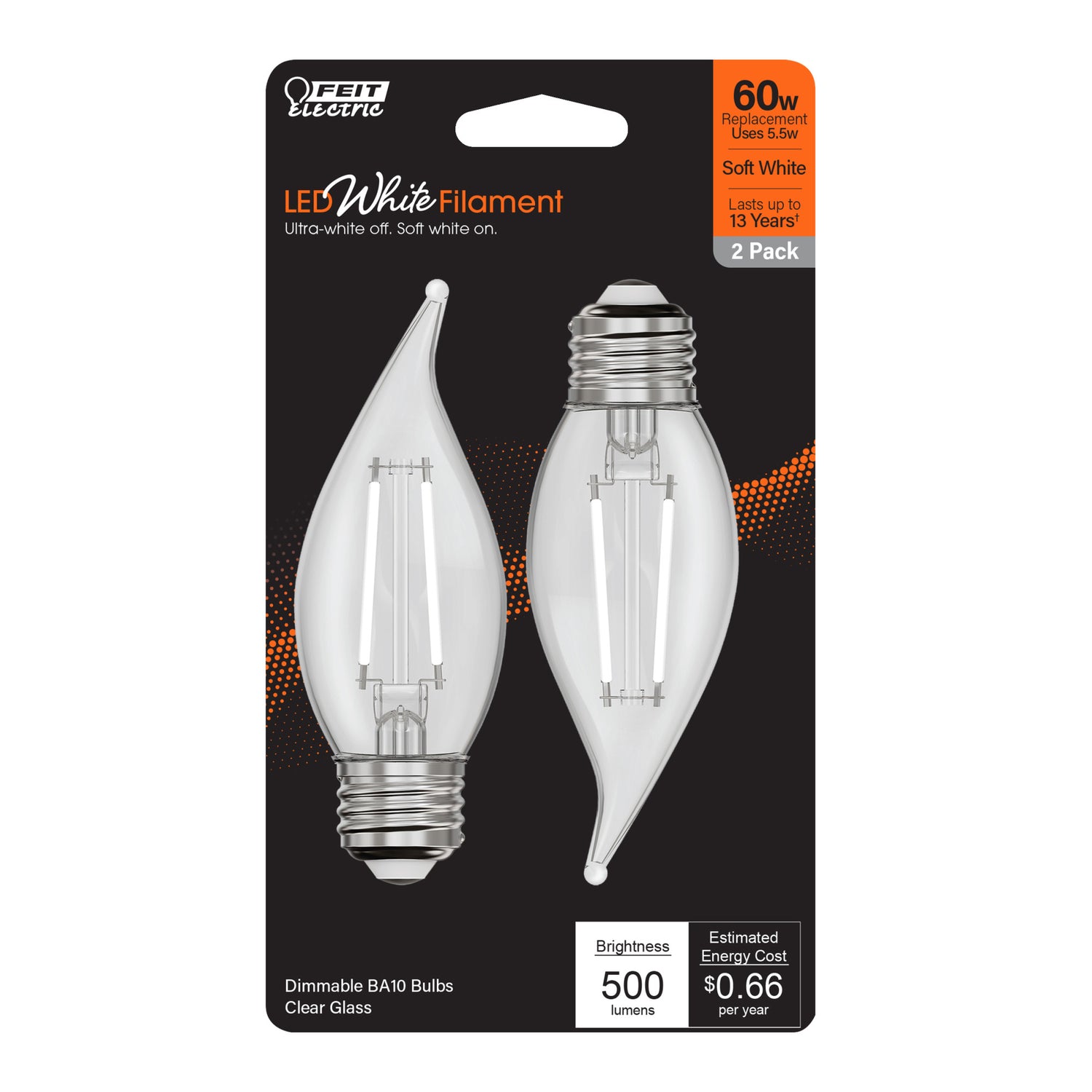 5.5W (60W Equivalent) Soft White (2700K) BA10 Shape (E26 Base) LED Flame Tip Exposed White Filament Light Bulb (2-Pack)