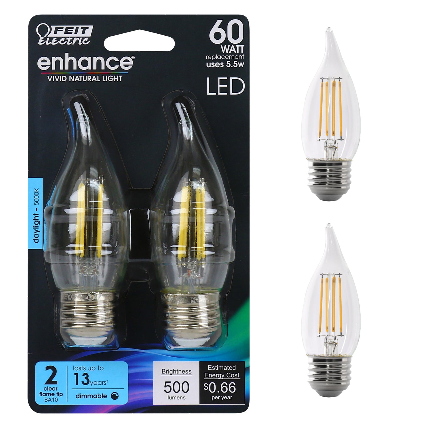 60W Replacement CA10 E26 Base Dimmable Dayligh LED Filament Enhance (2-Pack)