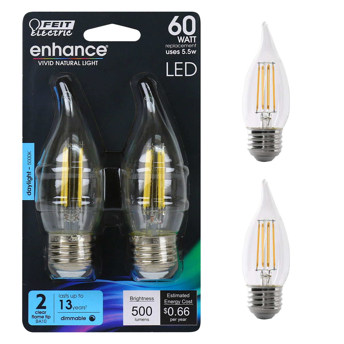 60W Replacement CA10 E26 Base Dimmable Dayligh LED Filament Enhance (2-Pack)