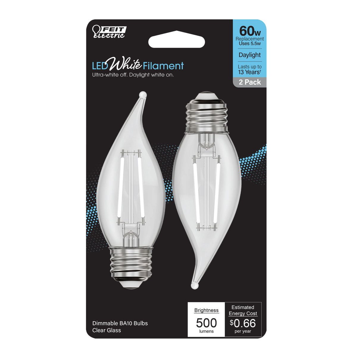 5.5W (60W Equivalent) Daylight (5000K) BA10 Shape (E26 Base) Flame Tip Exposed White Filament LED Bulb (2-Pack)