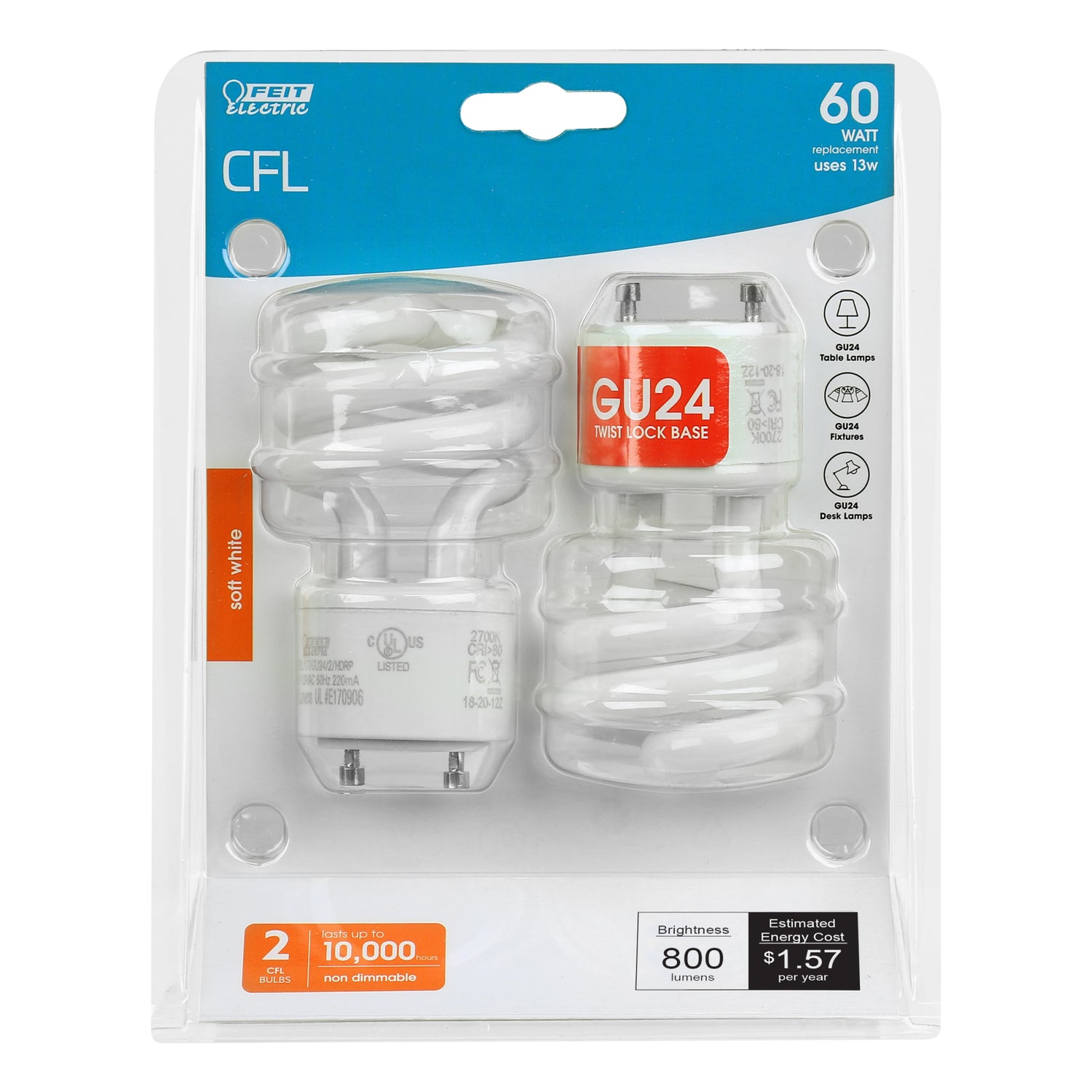 13W (60W Replacement) Soft White (2700K) A19 General Purpose CFL Light Bulb (2-Pack)
