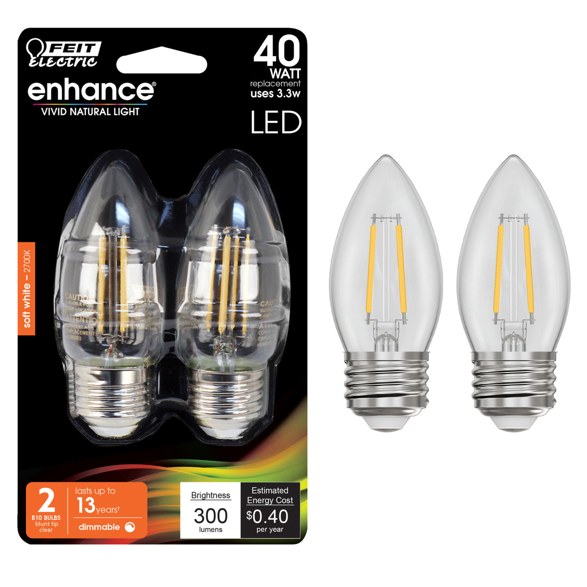 40W Replacement B10 Dimmable Soft White Decorative LED Filament Enhance (2-Pack)