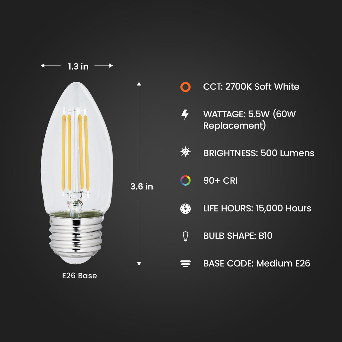 5.5W (60W Replacement) Soft White (2700K) B10 Dimmable Decorative LED Filament Enhance (2-Pack)