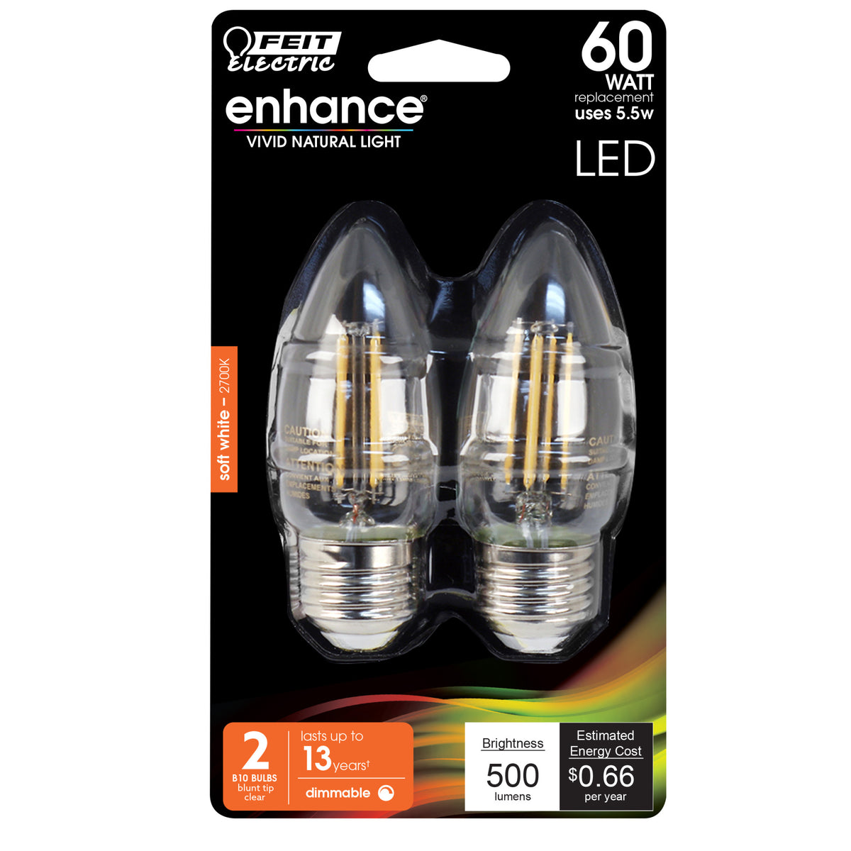 5.5W (60W Replacement) Soft White (2700K) B10 Dimmable Decorative LED Filament Enhance (2-Pack)