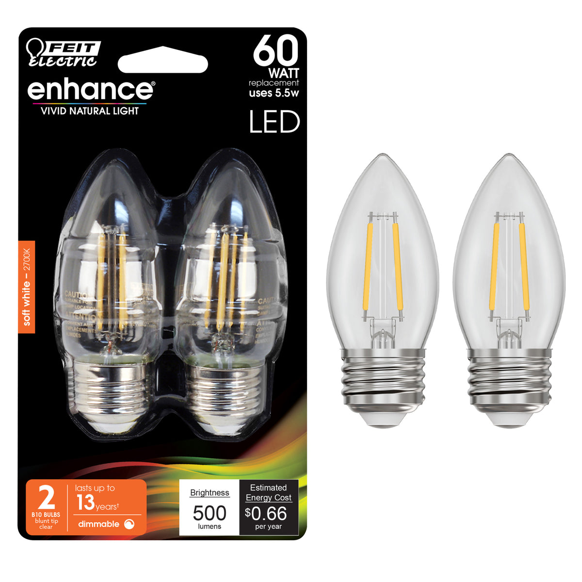 5.5W (60W Replacement) Soft White (2700K) B10 Dimmable Decorative LED Filament Enhance (2-Pack)