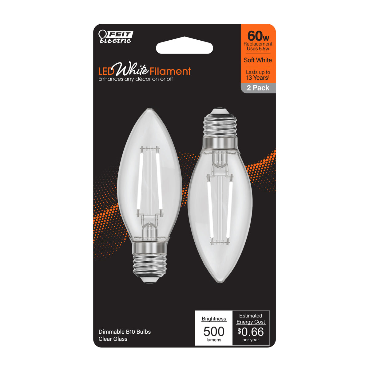 5.5W (60W Equivalent) Soft White (2700K) B10 Shape (E26 Base) Torpedo Tip White Filament LED Bulb (2-Pack)