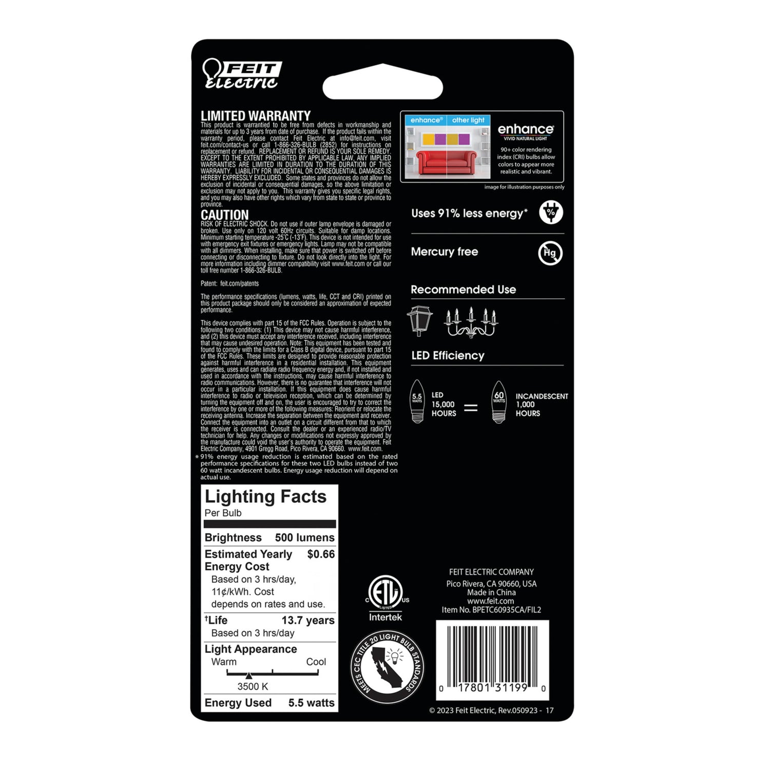 5.5W (60W Replacement) Neutral White (3500K) Clear B10 Torpedo Tip Dimmable LED Enhance Glass Filament Light Bulb (2-Pack)