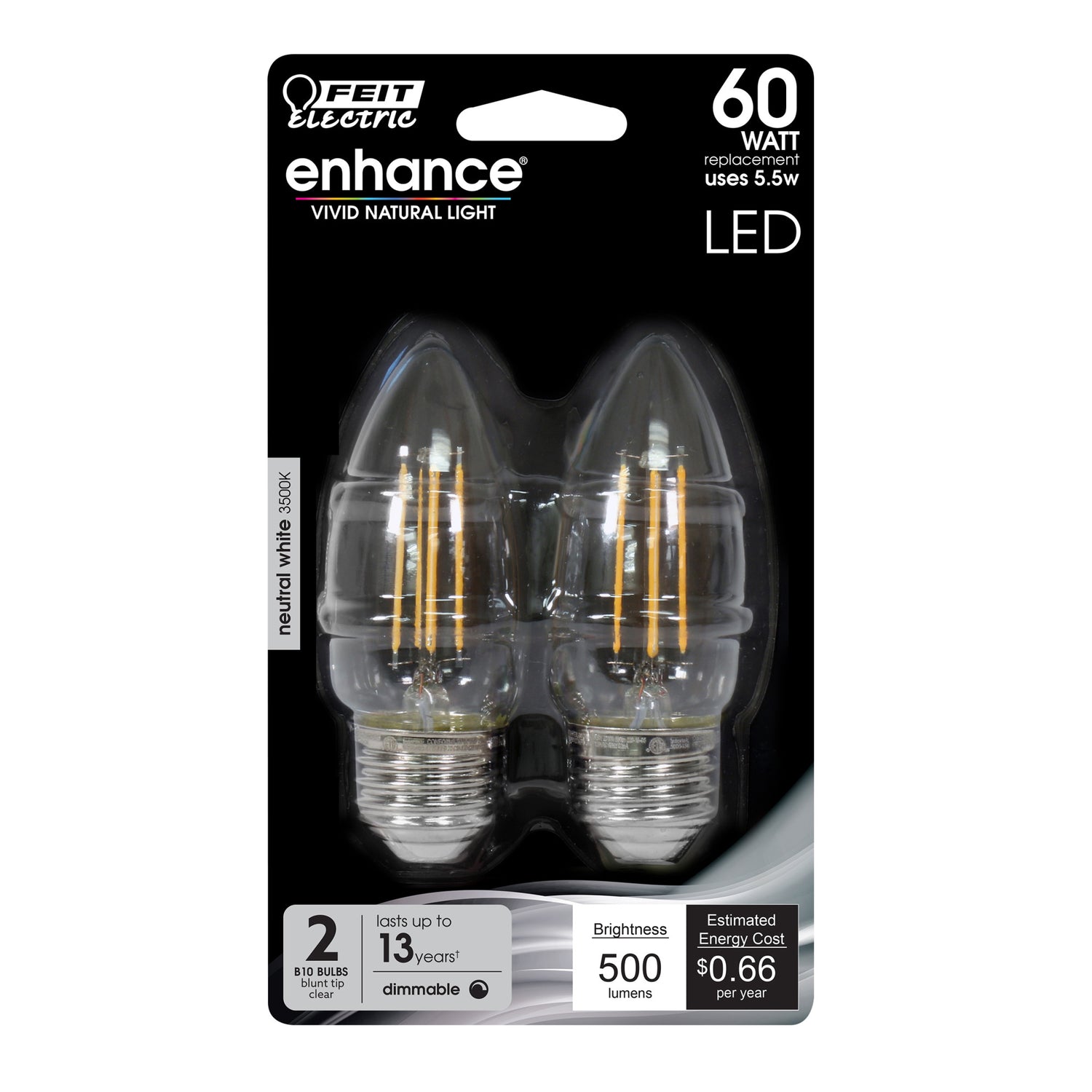 5.5W (60W Replacement) Neutral White (3500K) Clear B10 Torpedo Tip Dimmable LED Enhance Glass Filament Light Bulb (2-Pack)