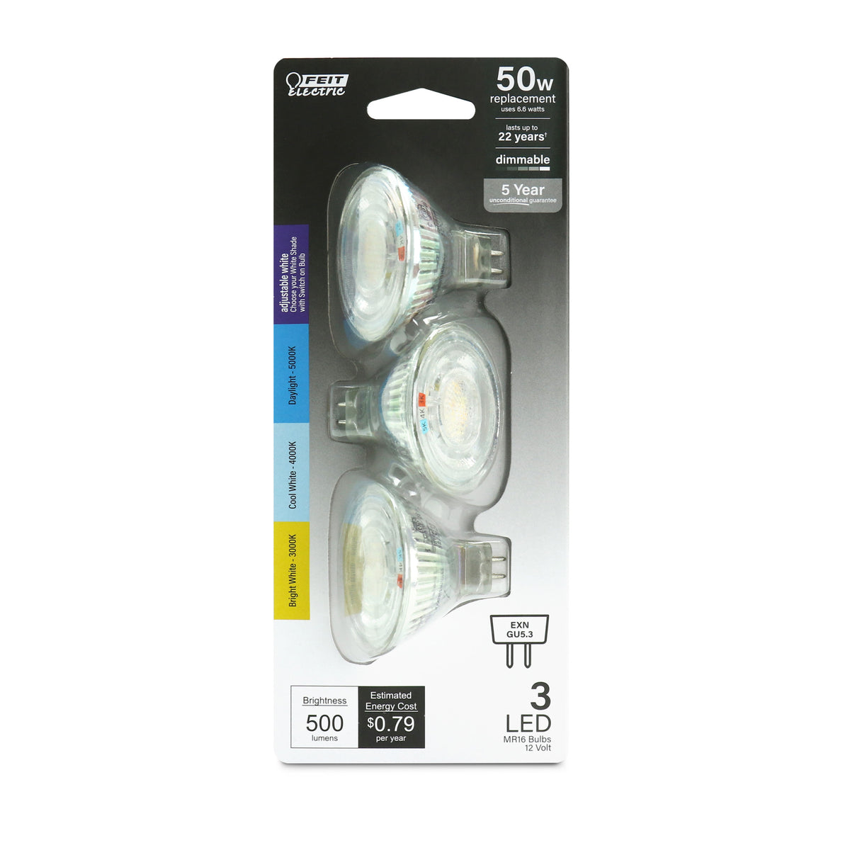 6.6W (50W Replacement) Adjustable White GU5.3 Base MR16 Reflector LED Bulb (3-Pack)