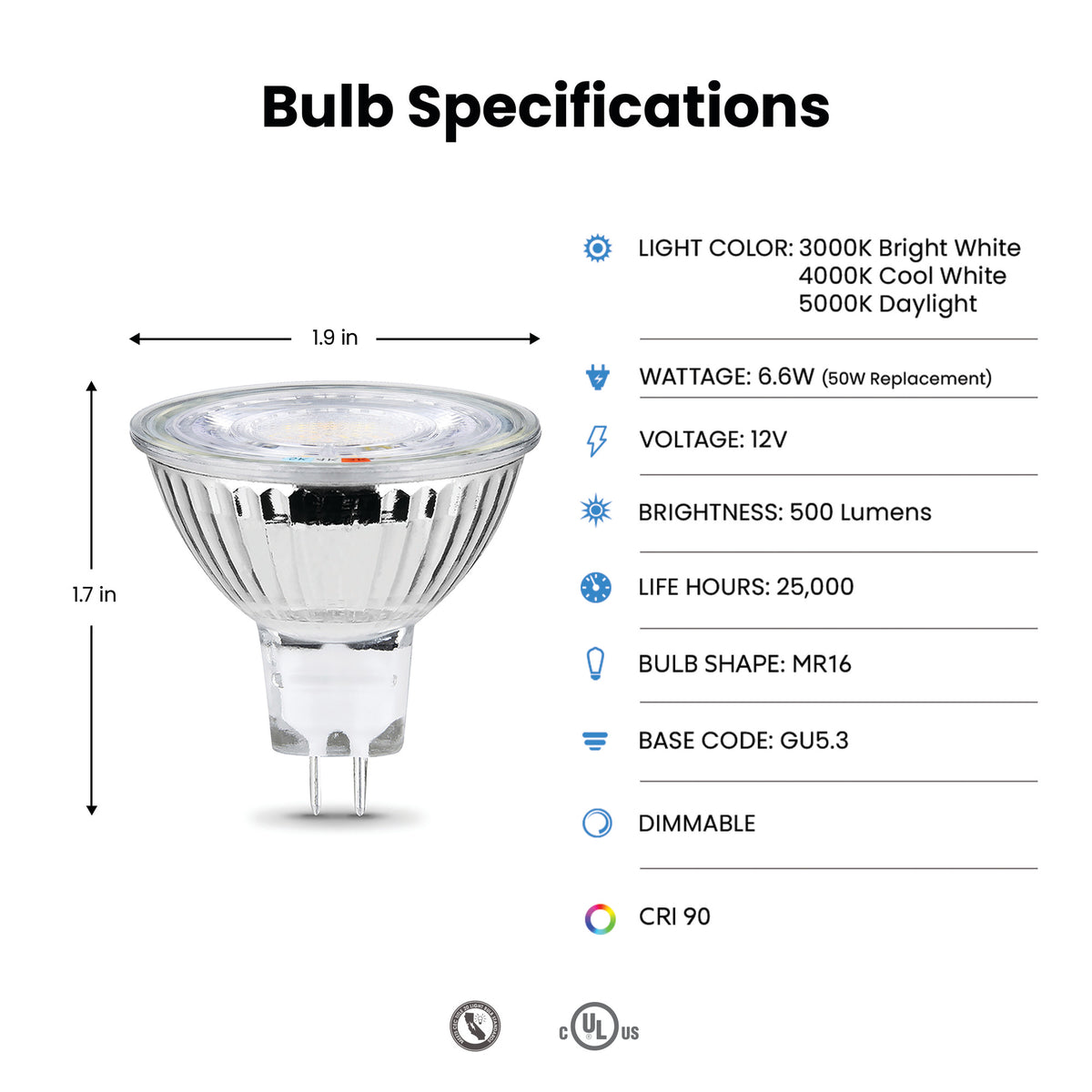 6.6W (50W Replacement) Adjustable White GU5.3 Base MR16 Reflector LED Bulb (3-Pack)