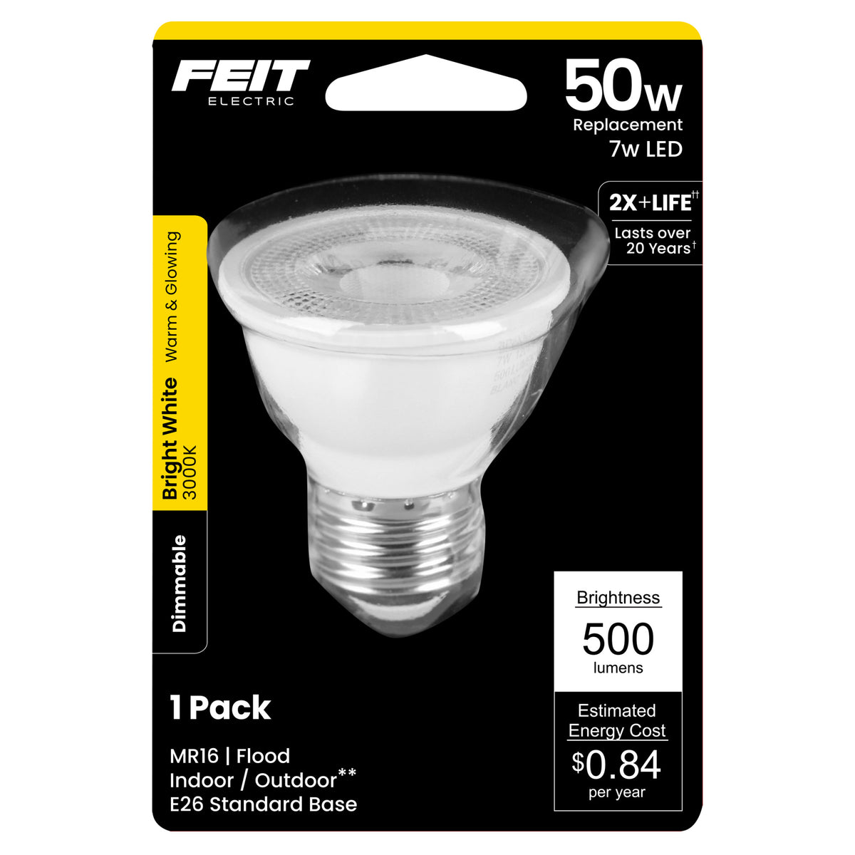 7W (50W Replacement) Bright White (3000K) E26 Base MR16 Dimmable Reflector LED Light Bulb