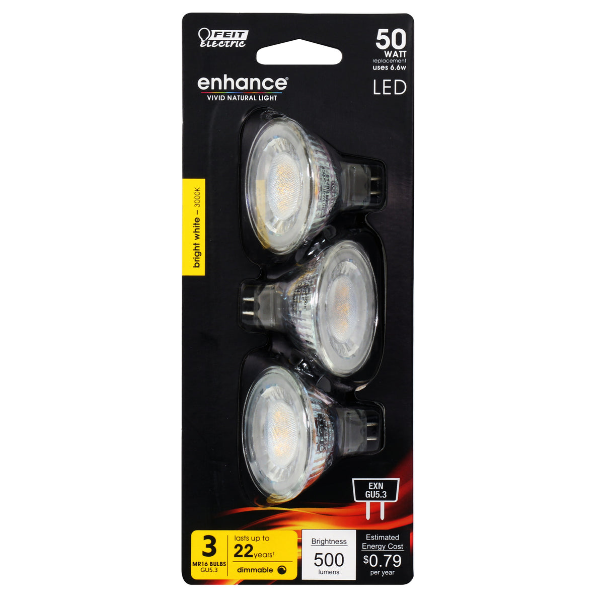 6.6W (50W Replacement) Bright White (3000K) GU5.3 Base MR16 Reflector LED Bulb (3-Pack)