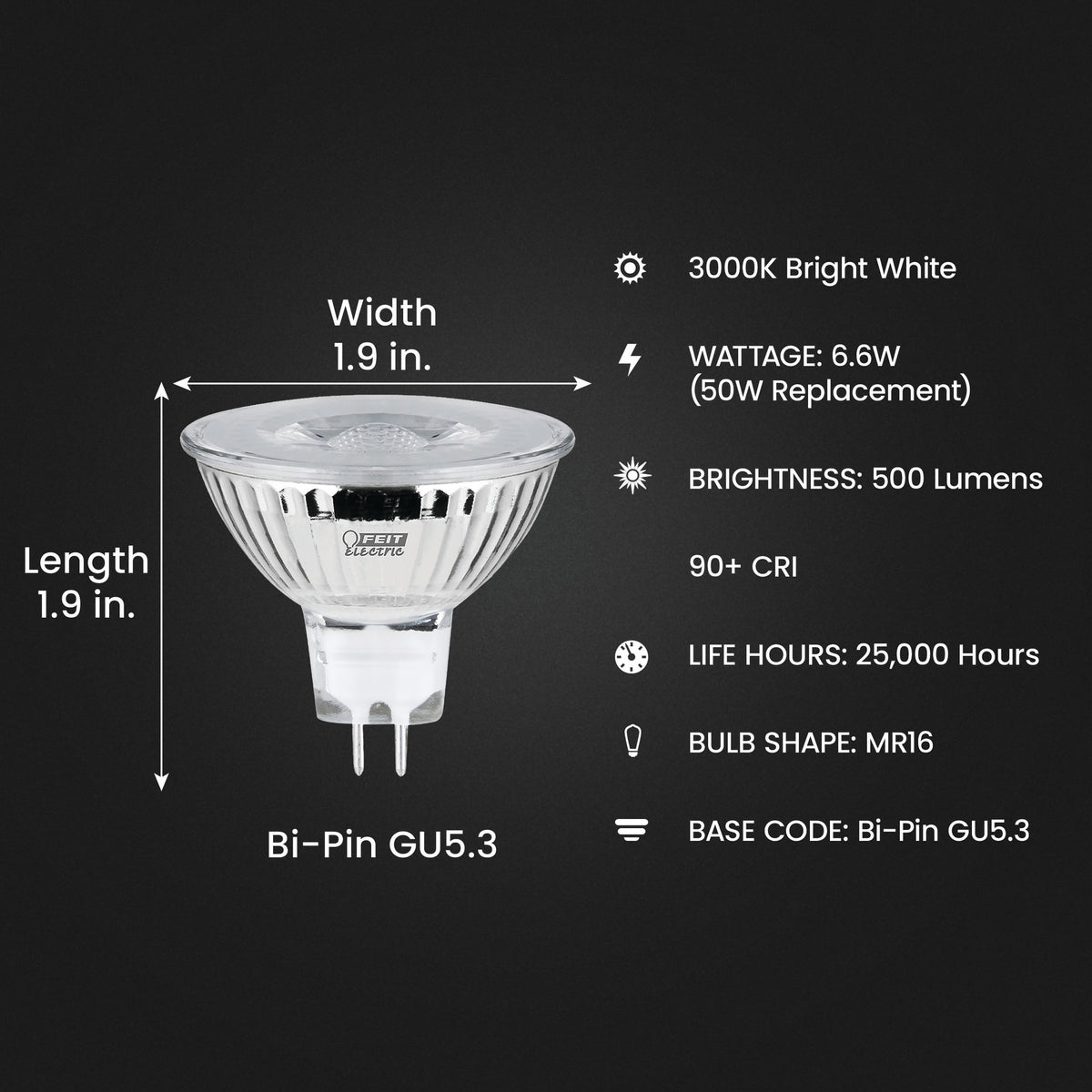 6.6W (50W Replacement) Bright White (3000K) GU5.3 Base MR16 Reflector Enhance LED