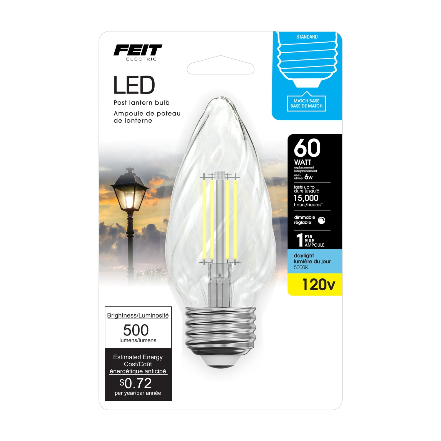 6W (60W Replacement) Daylight (5000K) Clear F15 Dimmable LED Post Lantern Bulb