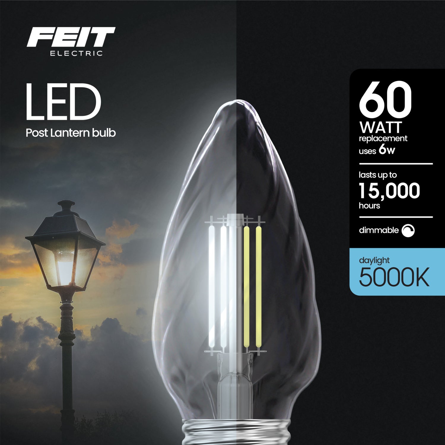 6W (60W Replacement) Daylight (5000K) Clear F15 Dimmable LED Post Lantern Bulb